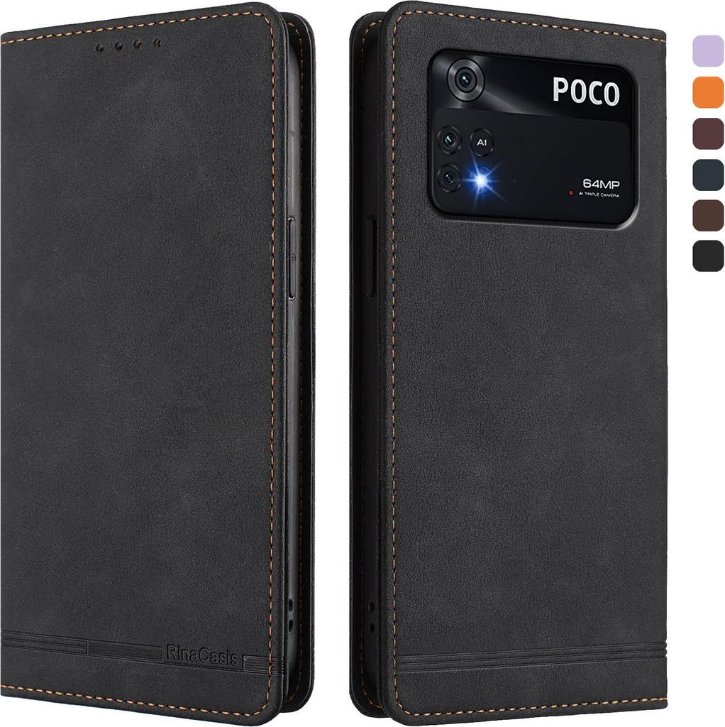 Hülle für Xiaomi Poco M4 Pro 4G, Retro Kunstleder Ständer Klapphülle mit Kartenfächer und Magnetische Schwarz