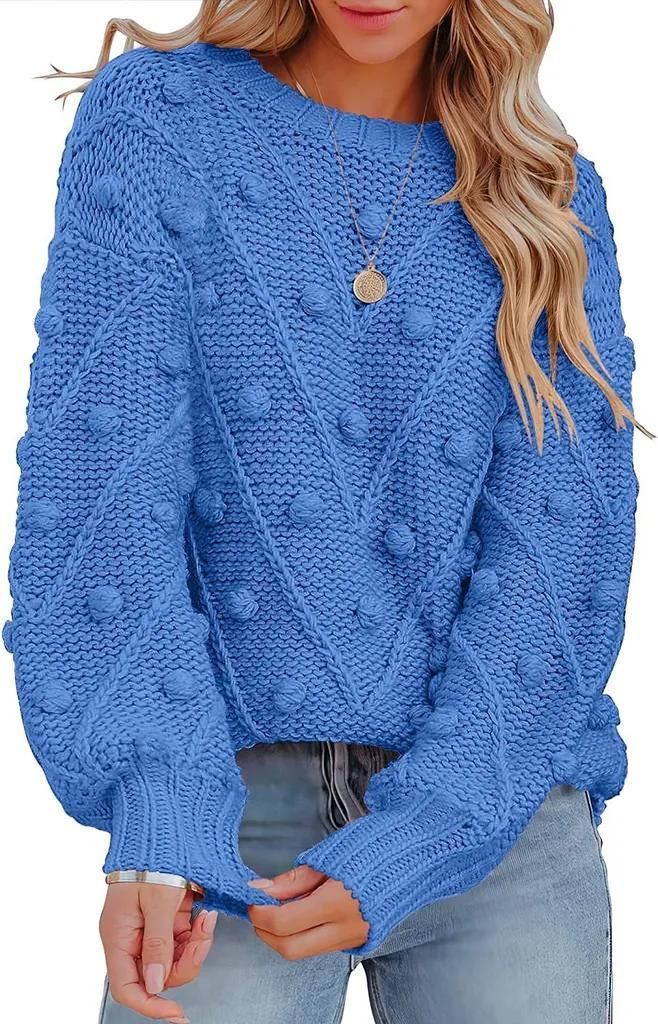 ASKSA Damen Pullover Rundhals Pompons Strickpullover Lose Einfarbiger Pulli Einfarbig Sweater, Blau, M