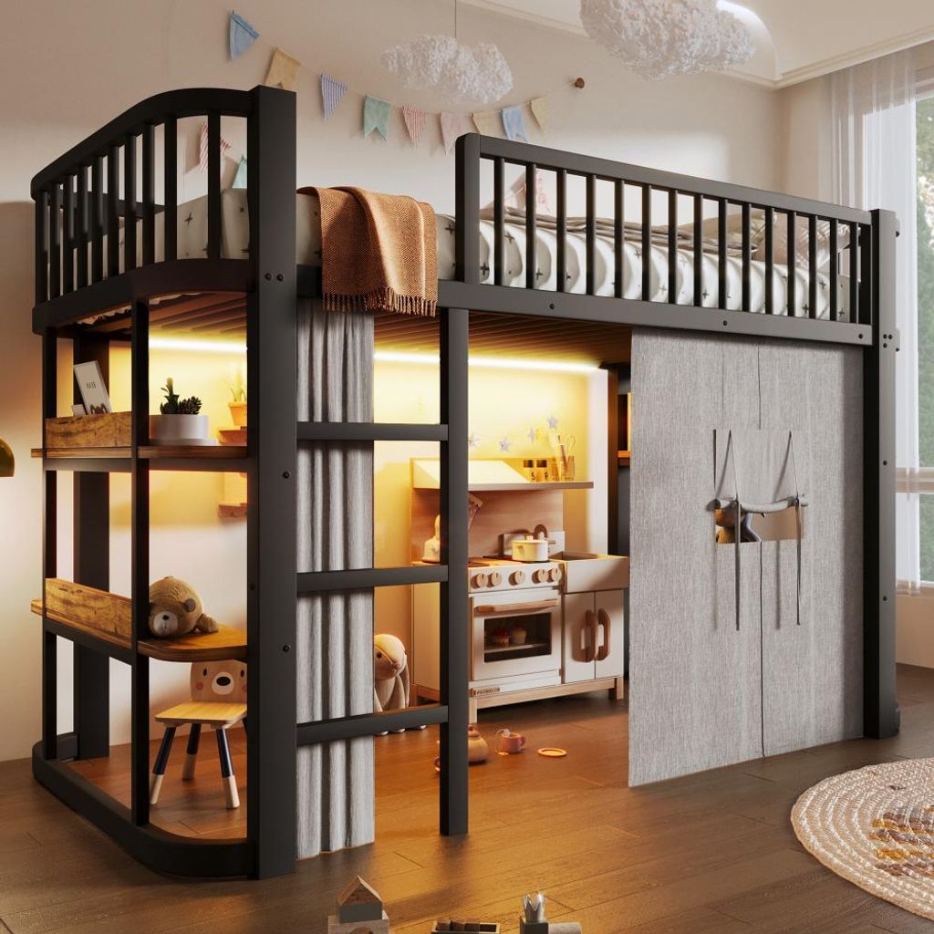 Hochbett Kinderbett mit Verdunkelungsvorhängen,individuell Produktbild 