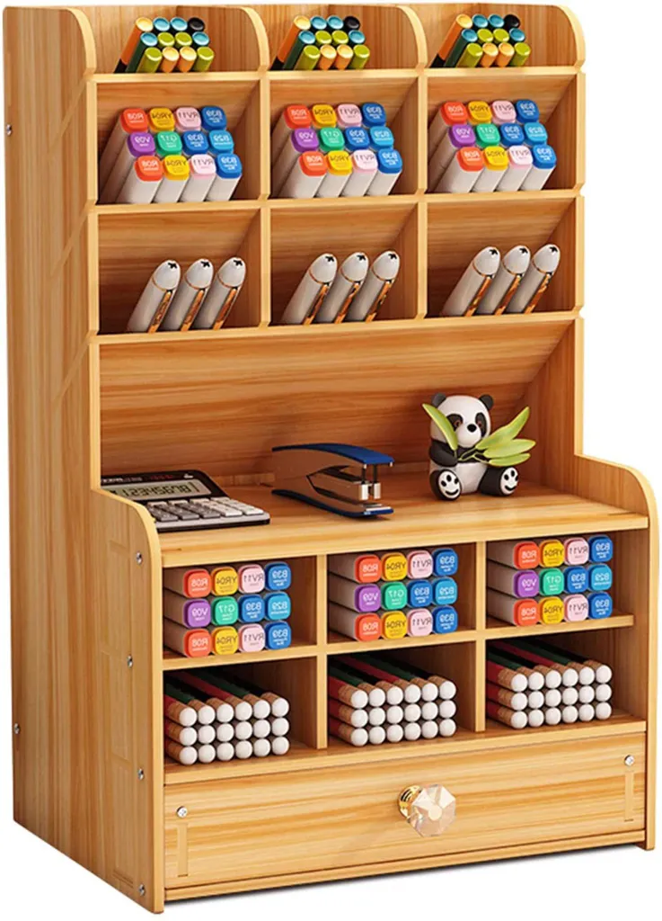 Porte-Crayons en Bois de Cerisier avec Tiroir de Rangement Intégré