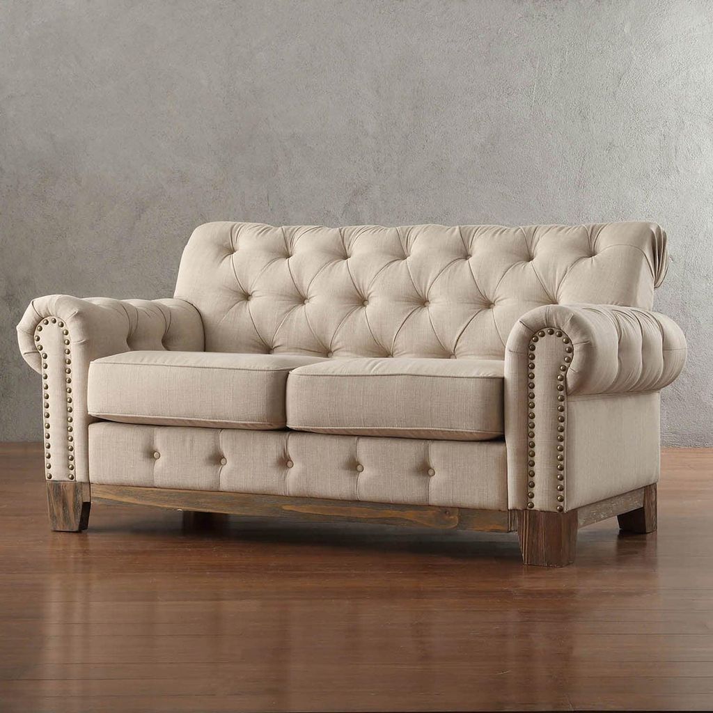 Chesterfield 2 Sitz Klassische Luxus Natur Holz Gestell Sofa Textil Leder Couch