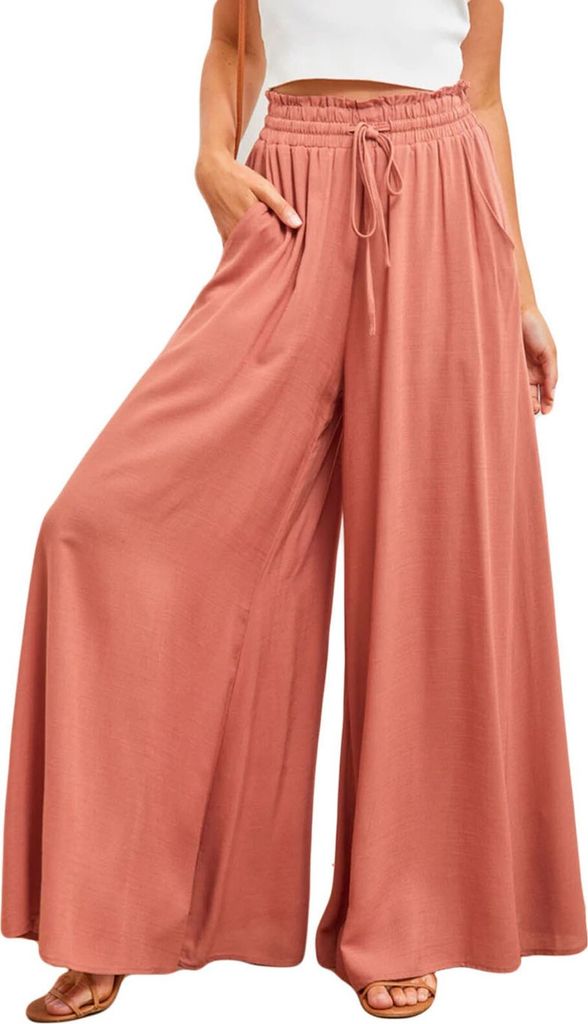 ASKSA Damen Breites Bein Hose Sommer Hohe Waist Plissee Hosen Leicht Hosenrock Sommerhose Freizeithose, Rot, S