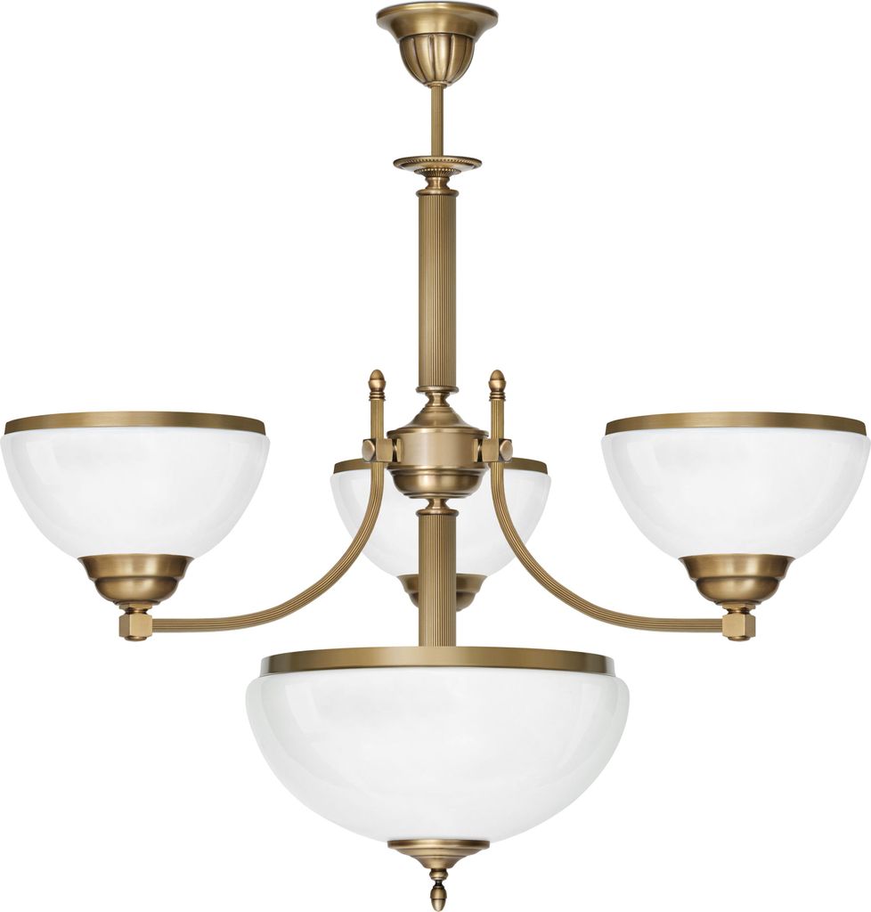 Kronleuchter Messing Goldpatina Hochglanz-Glasschirm weiß glänzend Ø71x70cm 5xE27 300W Esszimmer Wohnzimmer klassisch elegant höhenverstellbar ...