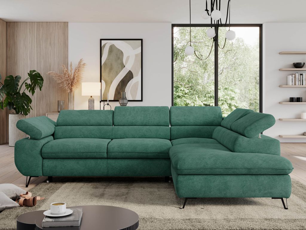 Couch, L-förmig ecksofa, mit Schlaffunktion und Verstellbare Kopfstützen, Bettkasten - PEDRO L - Struktur - Grün - Rechts
