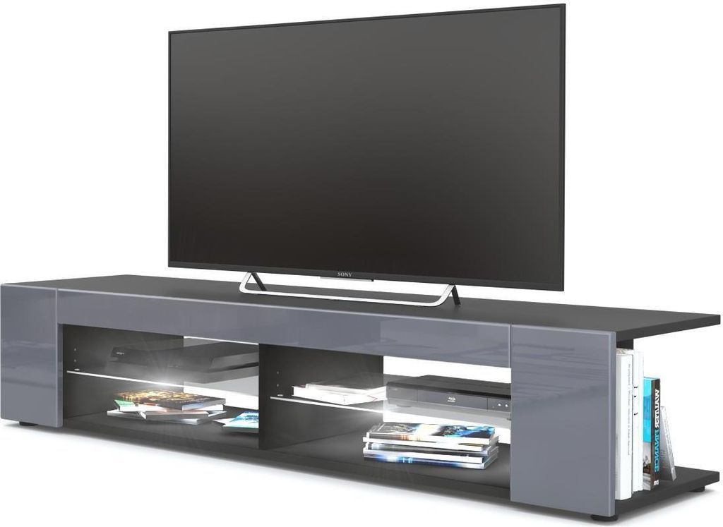 Vladon Lowboard Movie, TV-Kommode mit 4 offenen Fächern und Zierleisten, Schwarz matt/Grau Hochglanz, inkl. LED-Beleuchtung weiß (134 x 29 x 39 cm)
