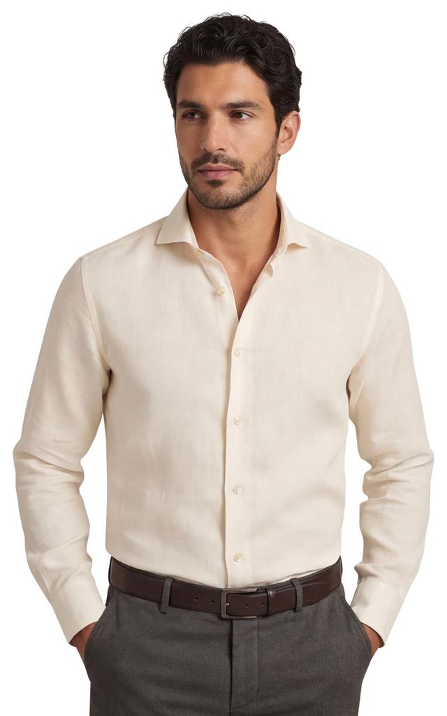 Ledub Hemd einfarbig creme normale Passform Leinen