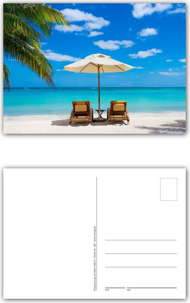 12 Stück Postkarten Palmenstrand mit blauem Wasser und weißem Sand, Strand mit Liegestühlen und Sonnenschirm Format: DIN A6 / 105 x 148 mm ( PKT...