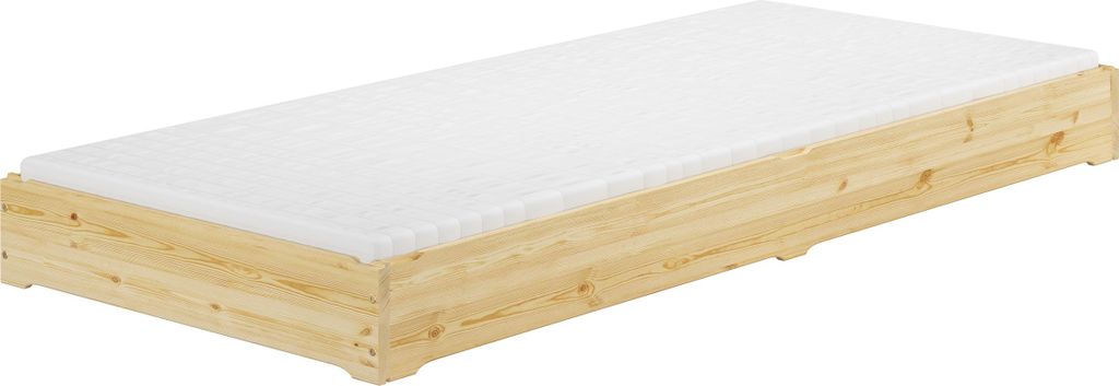 Niederflurbett Gästebett 90x200 Kiefer lackiert Bodenbett Stapelbett mit wählbarem Zubehör V-60.69K-09Rollrost und Matratze inkl.