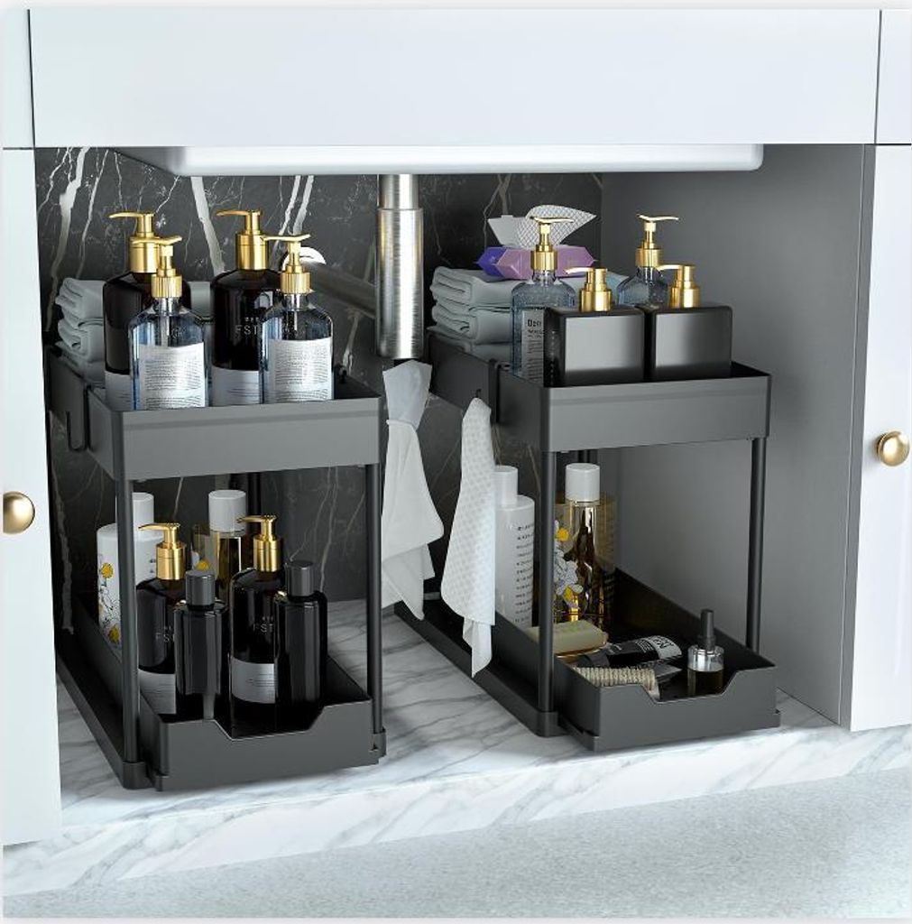 Küchen Organizer, 2 Unter Waschbecken Regal, Schrank Küchenorganizer mit 4 Haken, Schrankkorb für Küche, Bad, Putzmittel, Waschmittel (Schwar...