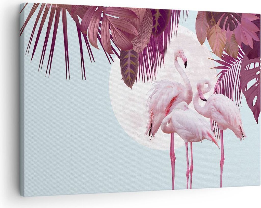Bild auf Leinwand - Leinwandbild - Einteilig - Flamingos Palmen Mond - 70x50cm - Wand Bild - Wanddeko - Wandbilder - Leinwanddruck - Bilder - Wandd...