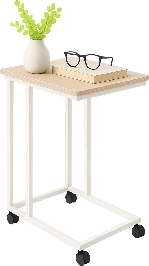 Relaxdays Beistelltisch mit Rollen, HBT: 68 x 50 x 35 cm, MDF, Metall, C-Form, Sofatisch zum Unterschieben, braun/weiß