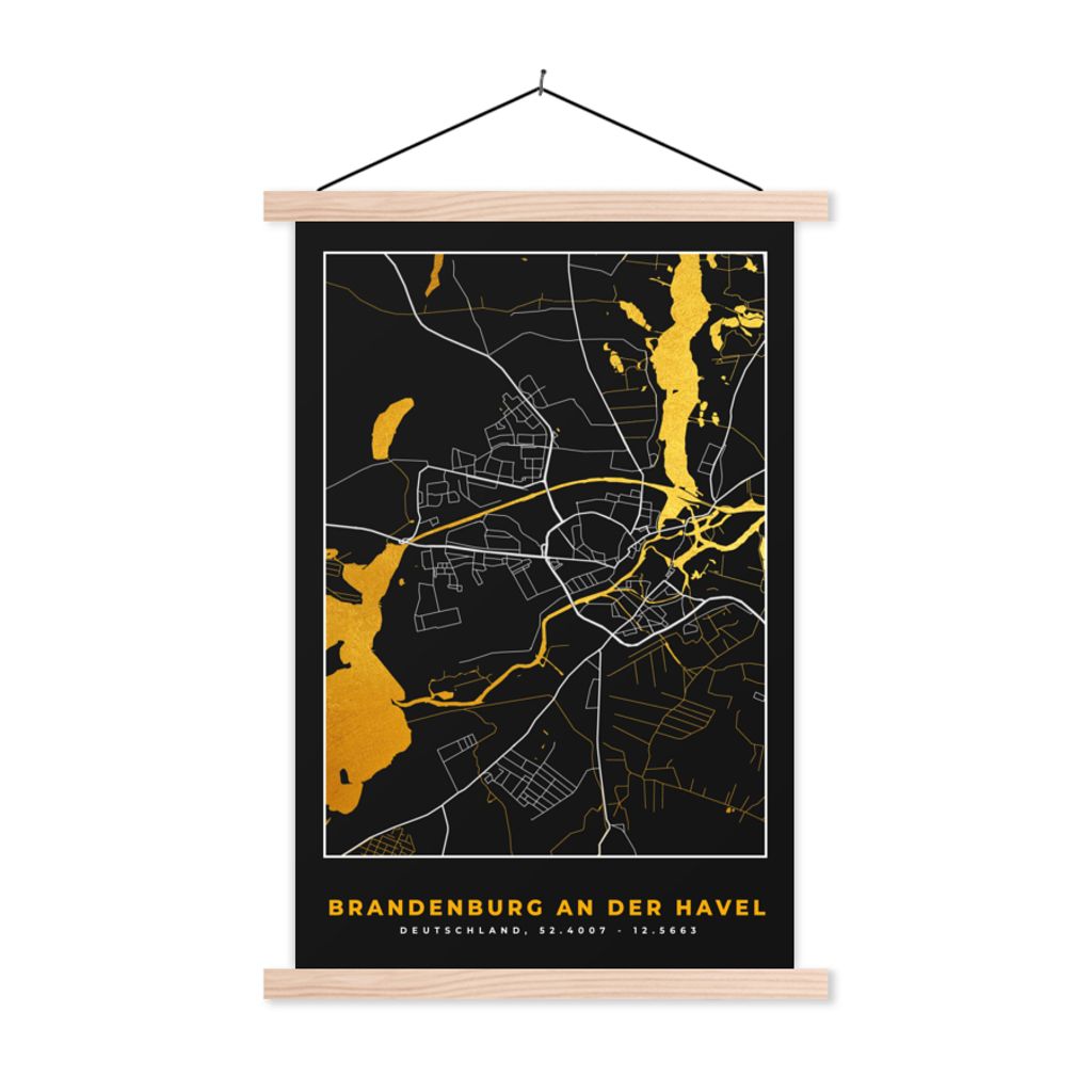 MuchoWow Textilposter Brandenburg An Der Havel - Stadtplan - Karte - Gold - Deutschland 120x180 cm mit holzfarbenen Rahmen - Textil-Plakat