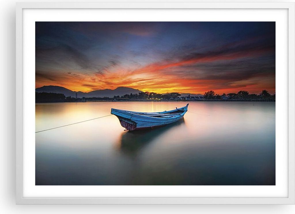 Gerahmtes Poster - Weißer Rahmen - Westen Sonne Boot - 70x50 cm - Wand Bild - Wanddeko - Wandbilder - Kunstposter - Wandposter - Bilderrahmen - Bi...