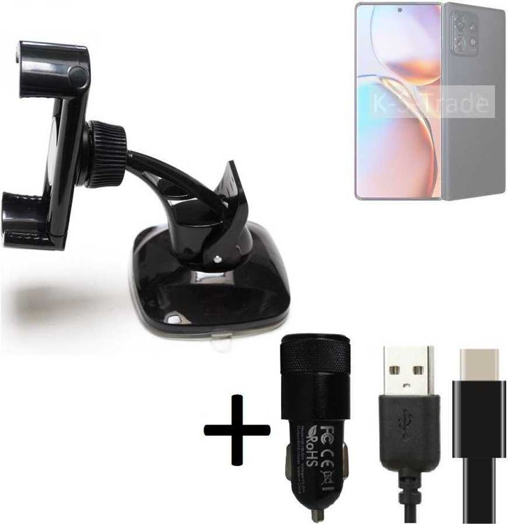 K-S-Trade Handy-Halterung kompatibel mit Motorola Edge+ 2023 Windschutzscheibe / Armaturenbrett + LADEGERÄT mit Mico USB Kabel Autohalterung