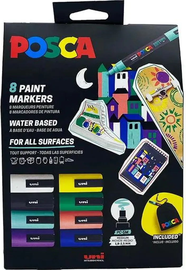 POSCA PC-5M - Pennarelli per pittura artistica, pennino da 1,8 a 2,5 mm, inchiostro nero, confezione da 2