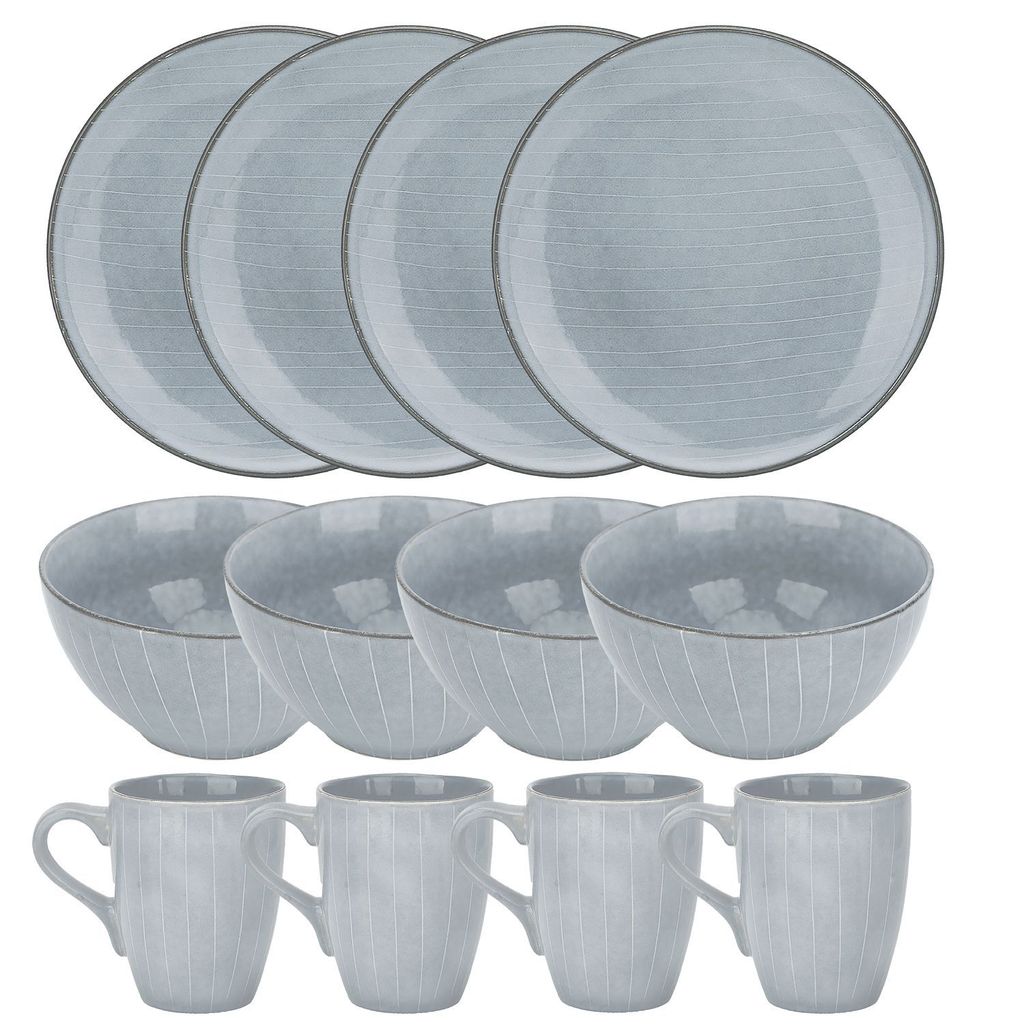 Intirilife hochwertiges 12-teiliges Geschirrset in Grau für Frühstück Mittag- und Abendessen - Dinnerset Frühstücksgeschirr