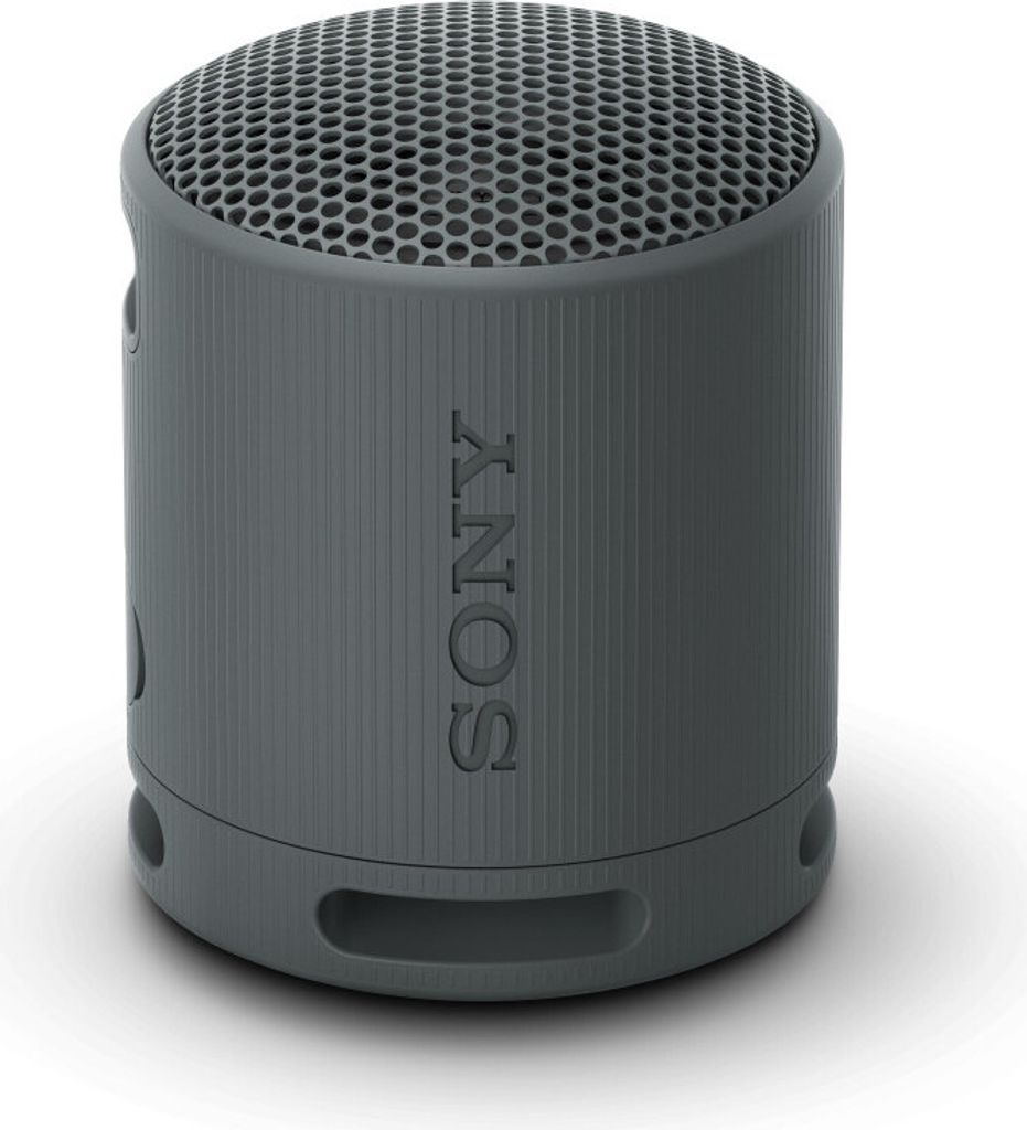 A gray Sony SRS-XB100 Bluetooth speaker is shown from a slightly elevated front-side angle against a white background.