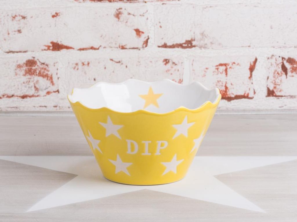 Krasilnikoff DIP Schale GELB mit weißen Sternen Keramik Schüssel