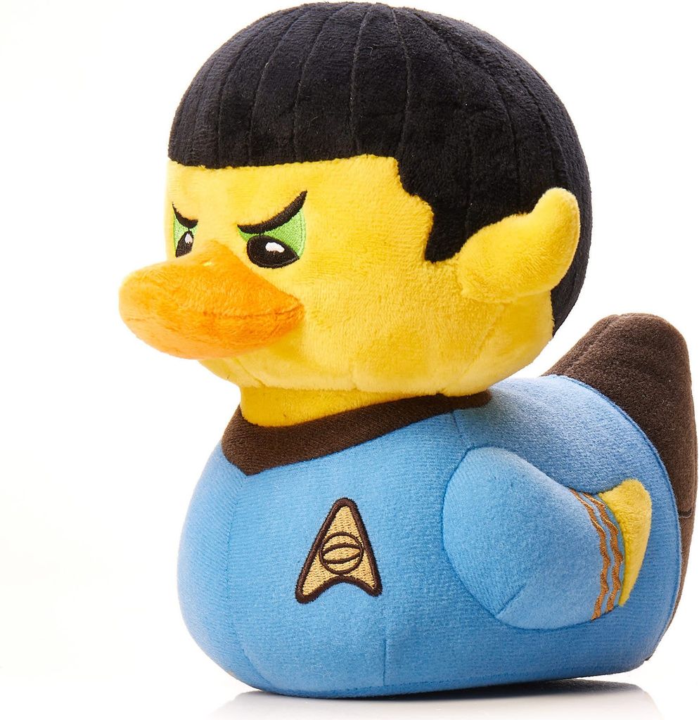 A plush toy duck dressed as Spock from Star Trek, shown against a white background.