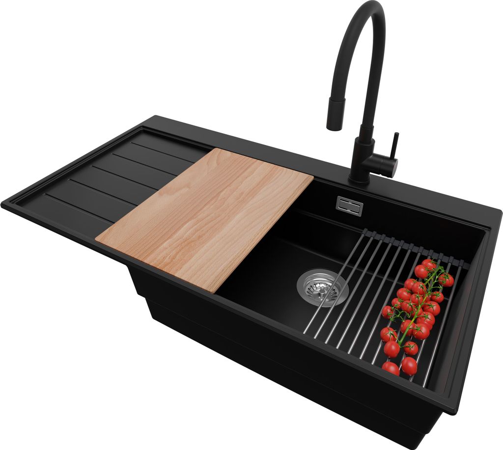 PRIMAGRAN Granitspüle Schwarz 90x50cm, Spülbecken 1 Becken Produktbild 