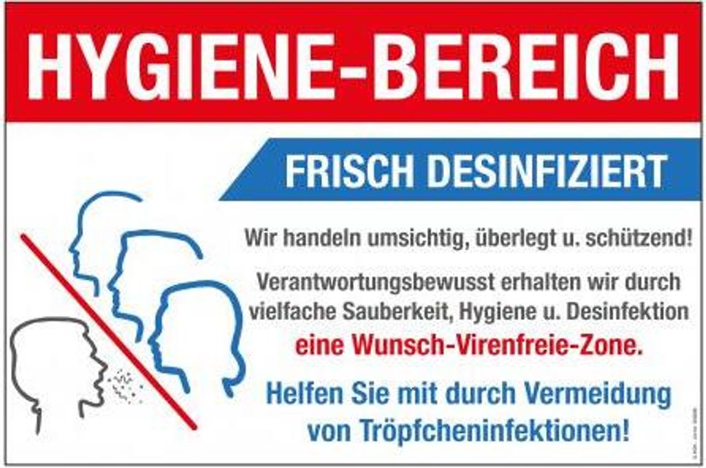 Warnschild - Hygiene-Bereich Frisch Desinfiziert - Gr. ca. 30 x 20 cm - 309892 - Schutz vor Viren und Bakterien