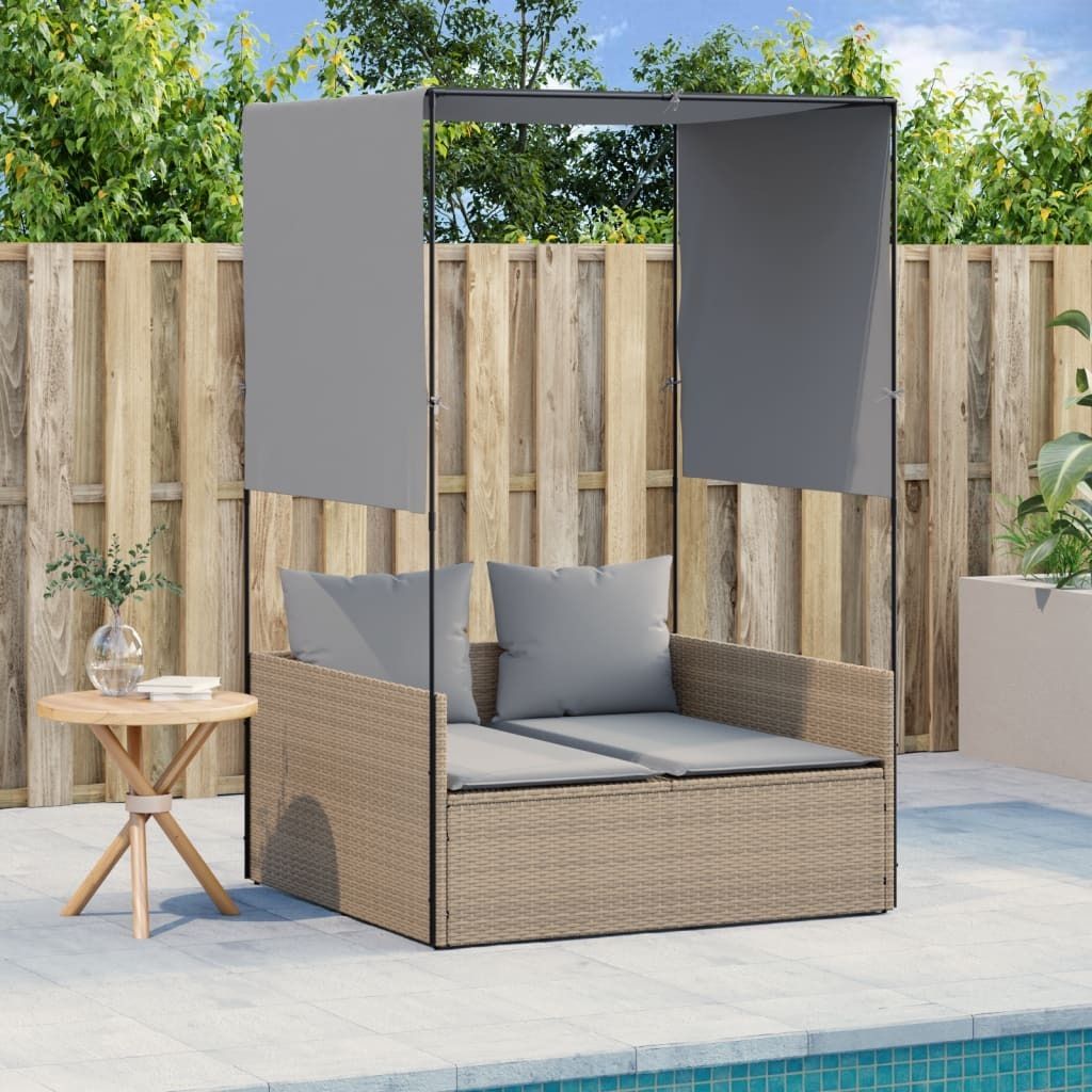 "im Angebot" Doppel-Sonnenliege - 2-Personen-Liegestuhl - für den Garten - mit Dach und Vorhängen Beige Poly Rattan - Gartenliegen CC17474