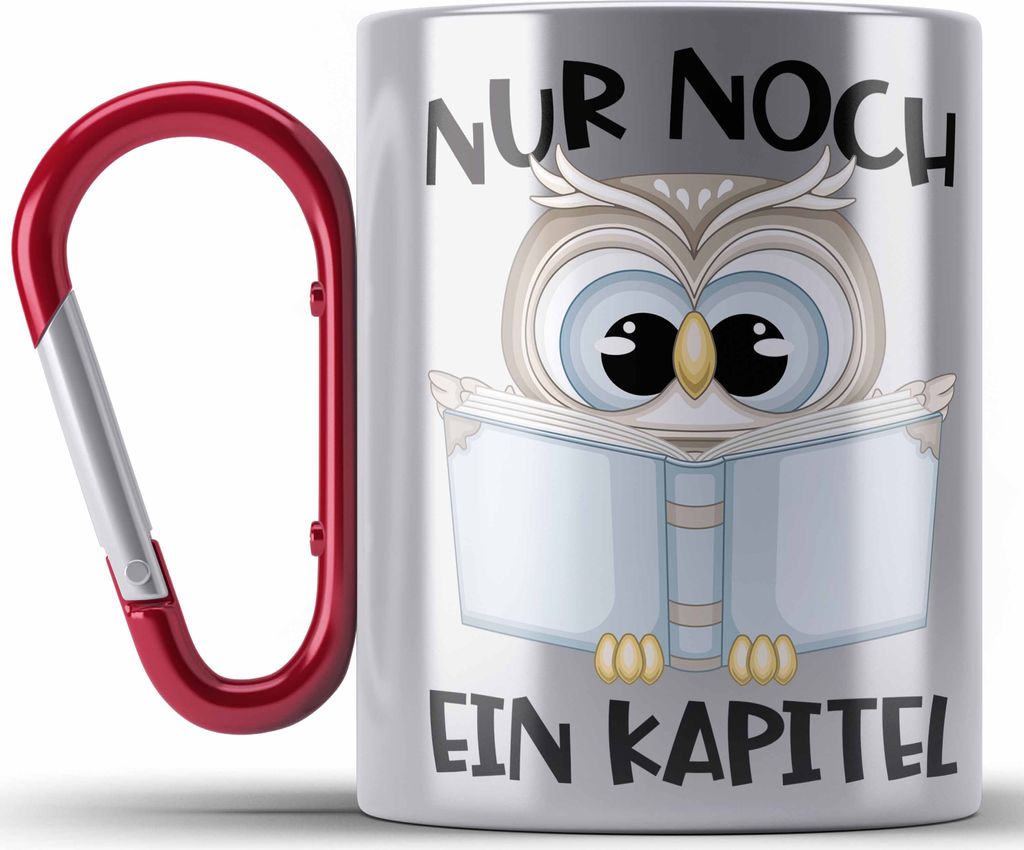 Trendation - Leseratte Geschenk Edelstahl Tasse Karabiner Nur Noch Ein Kapitel Bücher Lesen Bücherwurm Geschenk Spruch Lesen (Rot)
