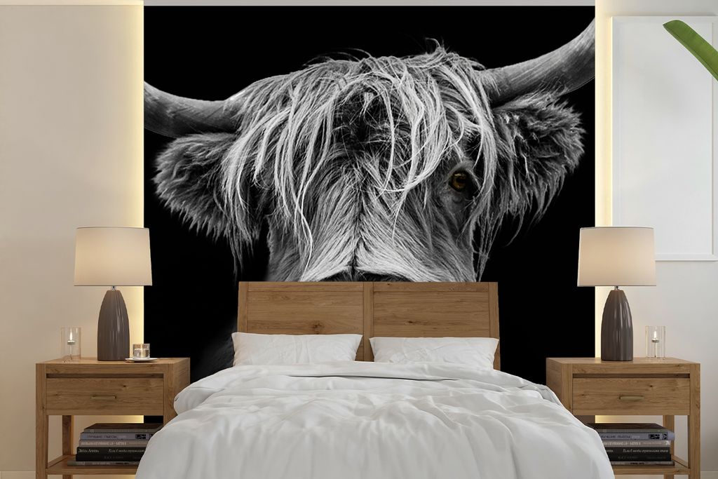 MuchoWow Fototapete für Wohnzimmer oder Schlafzimmer Wandtapete Vinyl Motivtapete Schottischer Highlander - Hörner - Schwarz - Weiß - Kuh - Wi...