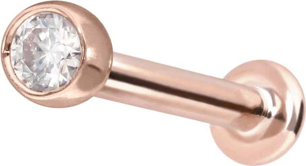 Ohrpiercing, Nasenpiercing 14 Karat Gold Labret mit Push Fit MOISSANIT RoséGold Stablänge: 7mm | Stabstärke: 1,2mm | Kristallgröße: 2,5mm