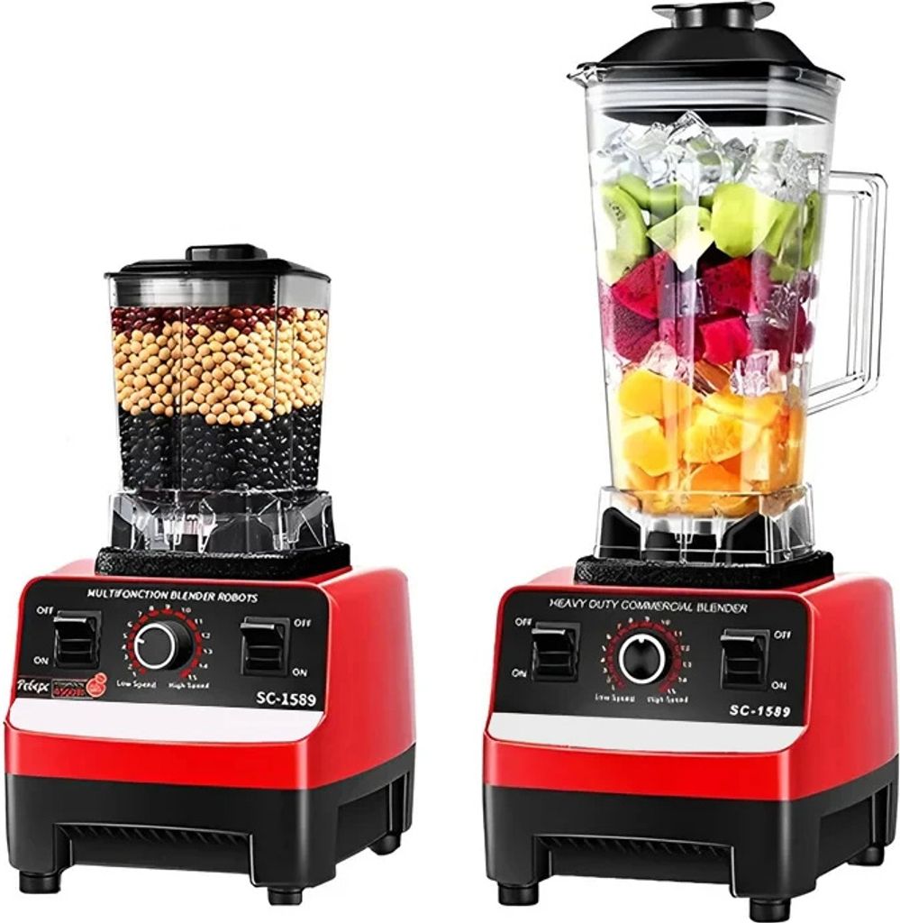 Two red and black blenders are shown side-by-side against a white background. The blender on the left contains layers of beans and grains, while the blender on the right is filled with ice and cut fruit.