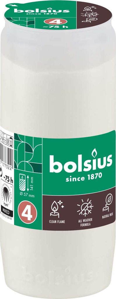 A white candle with a green and brown label.