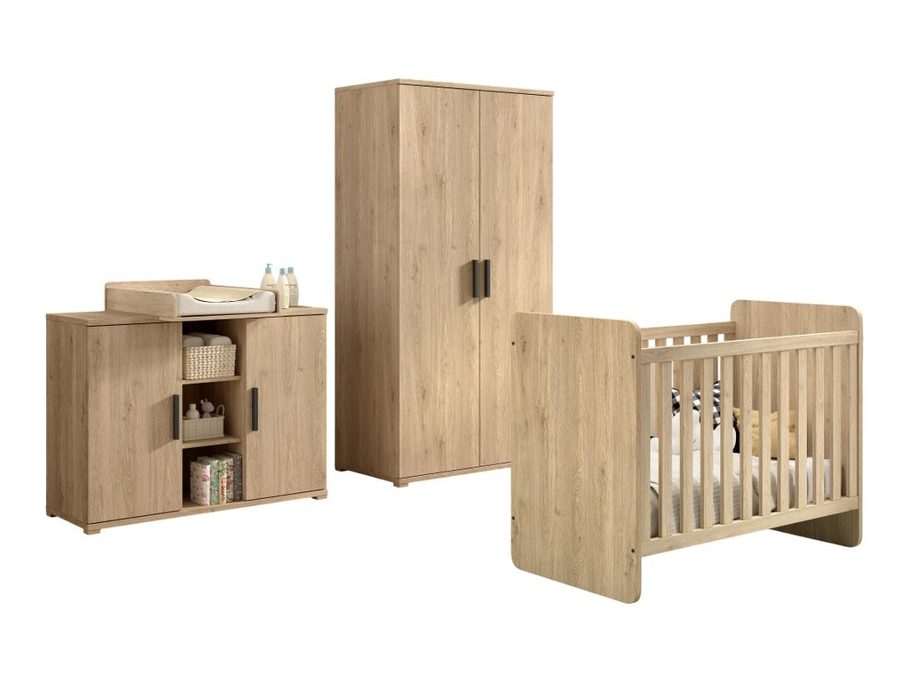 VIPACK - SAM Artikel-Set 4-tlg. best aus, Kommode inkl. Wickelaufsatz, Baby-Bett, Kleiderschrank 2-trg., Eiche Melamin Nachbildung