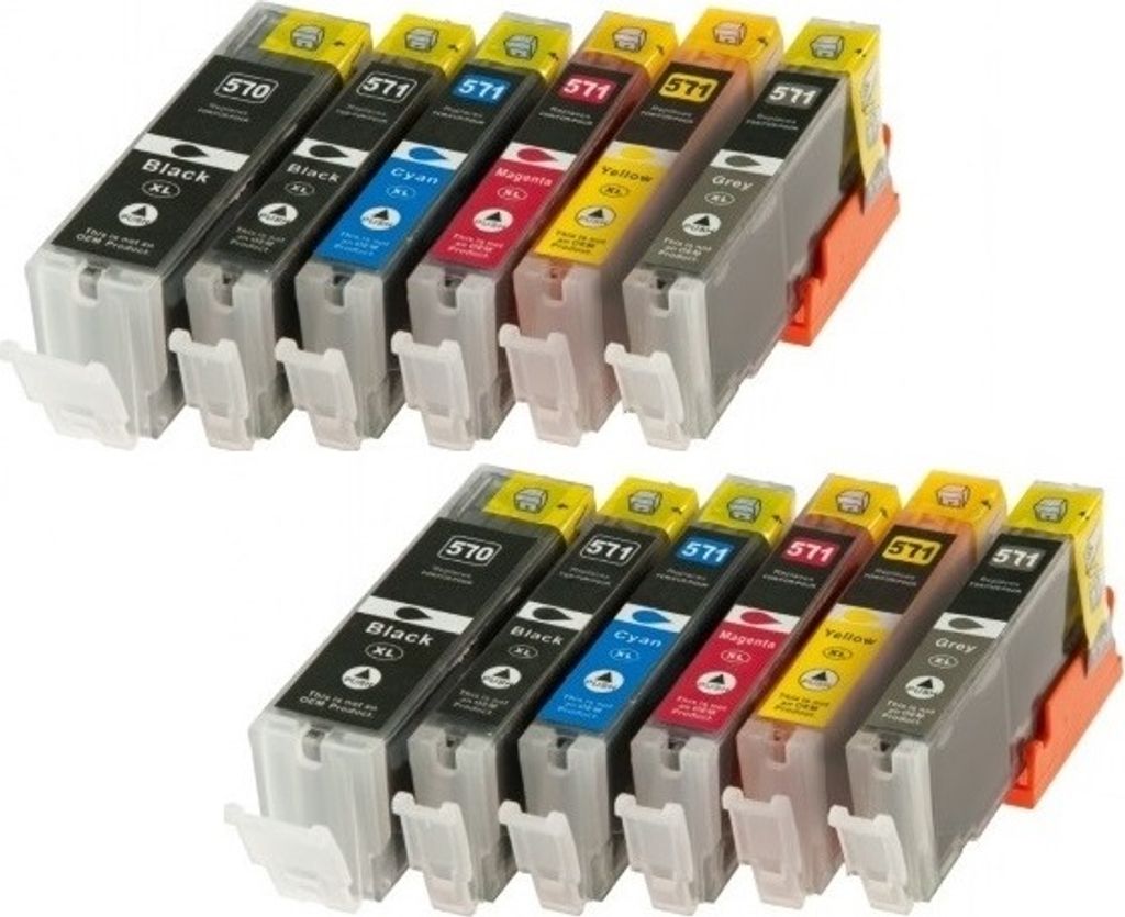 Two sets of printer ink cartridges arranged in rows.