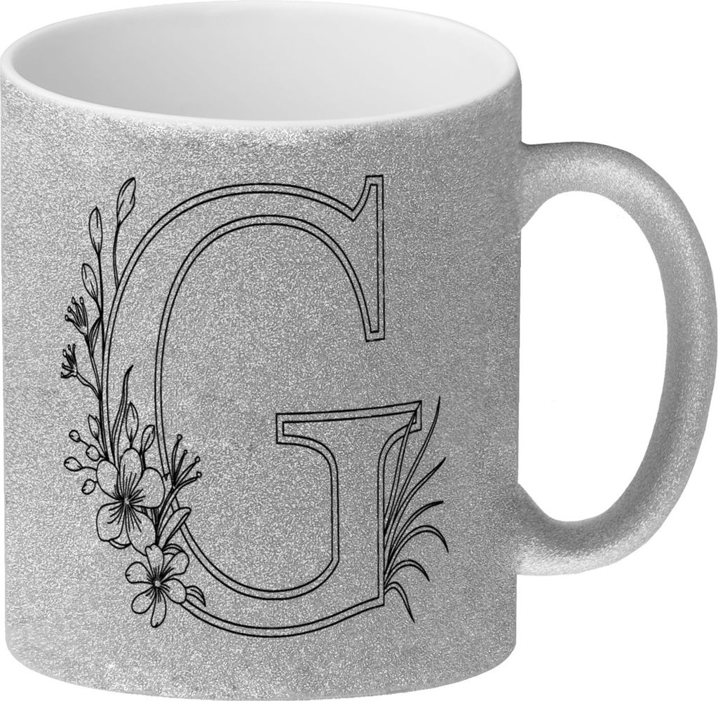 Floral Buchstabe G Glitzer-Kaffeebecher zum Ausmalen für Kunstliebhaber