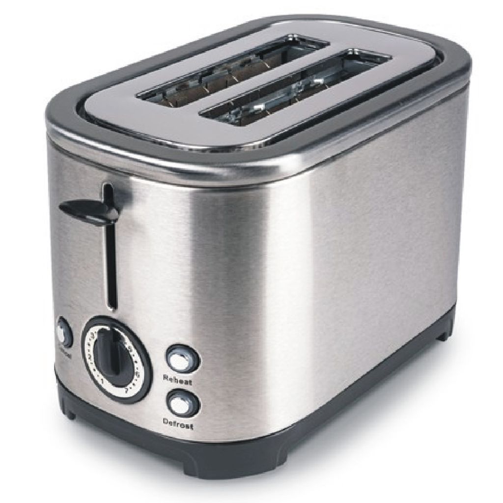A stainless steel toaster on a white background.