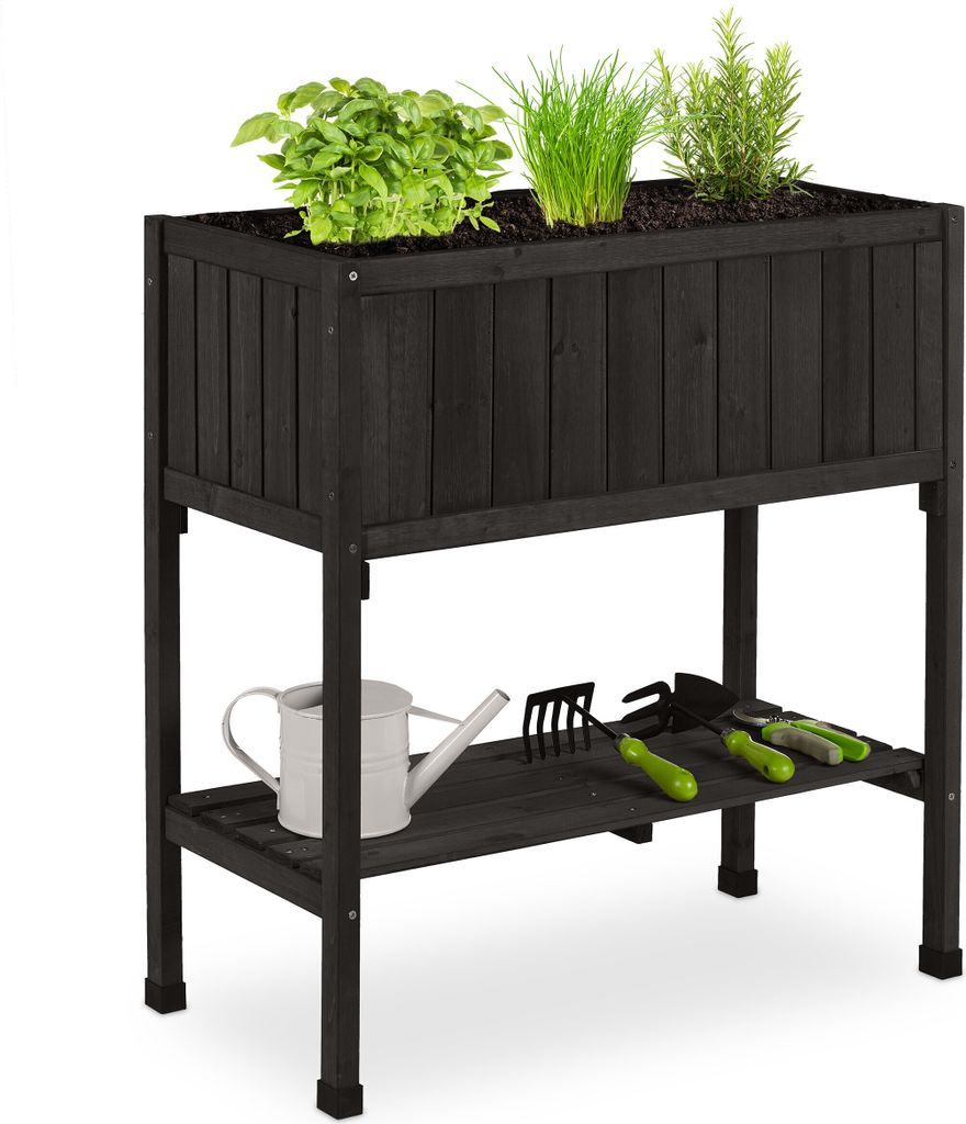 Relaxdays Hochbeet, Folie, Ablage, HxBxT: 80 x 74 x 38 cm, Garten, Balkon & Terrasse, Pflanztisch, Tannenholz, schwarz