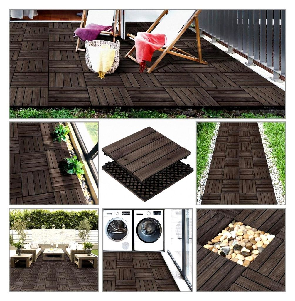 30x30 cm Holzfliesen für Outdoor und Indoor, Bodenbelag für Balkon mit Drainagesystem, 27 Stück Fliesen Set, ca. 2,6 m², Massivholz B-Schwarz