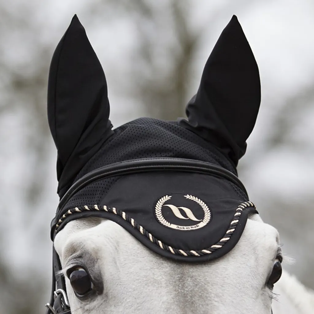 Bonnet anti-mouches Taye Back on Track noir et or pour cheval de sport