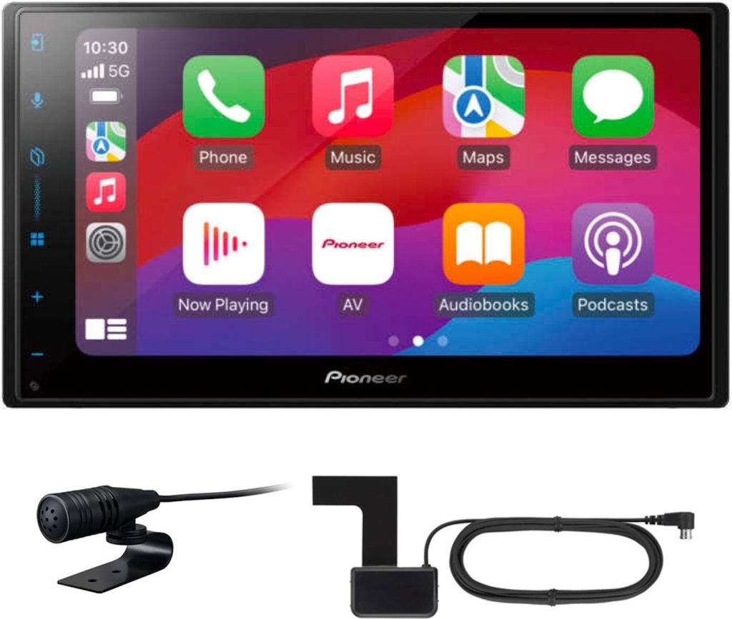A car stereo head unit with accessories displayed below.