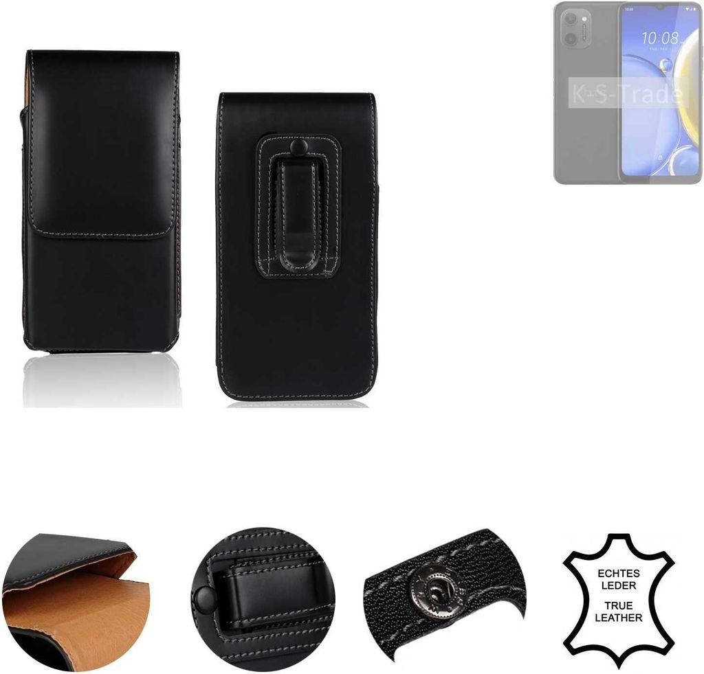 K-S-Trade Holster Gürteltasche Handy Hülle Schutzhülle kompatibel mit HTC Wildfire E Plus Handyhülle Leder schwarz, 1x
