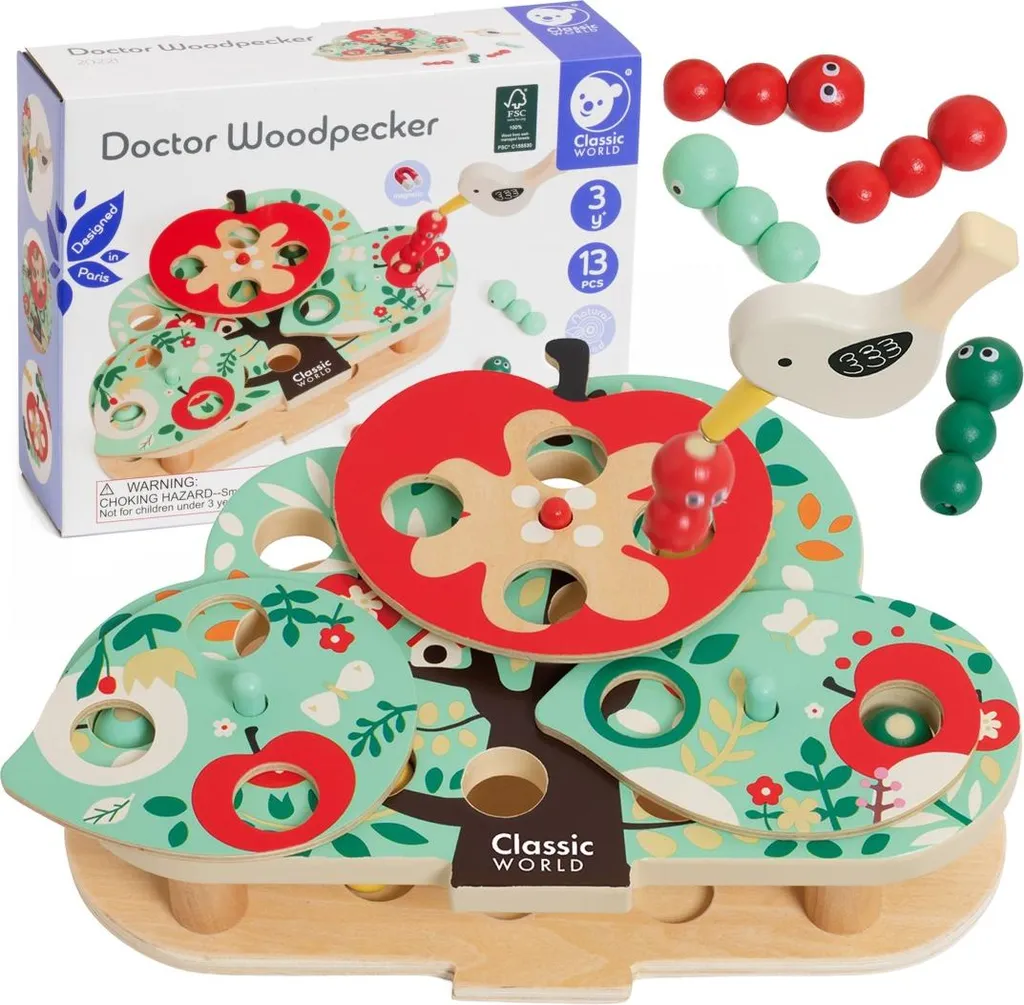Magnetic Worm Catch 16 pièces : Jeu arcade éducatif en bois naturel