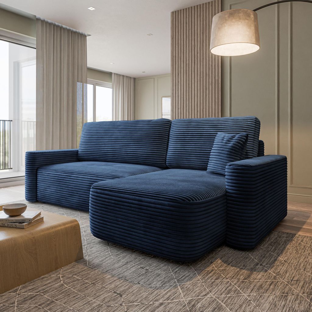 Masseno Ecksofa NERI T mit Schlaffunktion L-Form, Sofa mit Bettkasten, Wohnzimmersofa, Couch, Soffa, Bettsofa, Couchgarnitur- Blau, TILIA 77