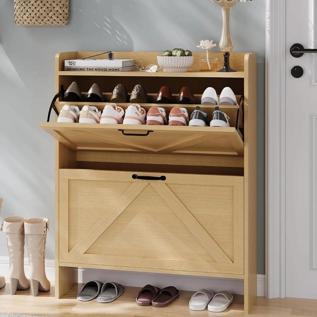 Schuhschrank - Schuhkipper - 2 Klappfächer - Freistehend - Schmal für Flur - Landhausstil - Mit Beinen - Weiß