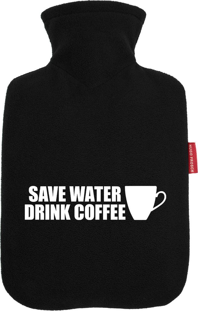Huuraa Wärmflasche Save Water Drink Coffee Kaffeetasse 1,8 Liter Black Classic Veloursbezug Bettflasche Geschenkidee