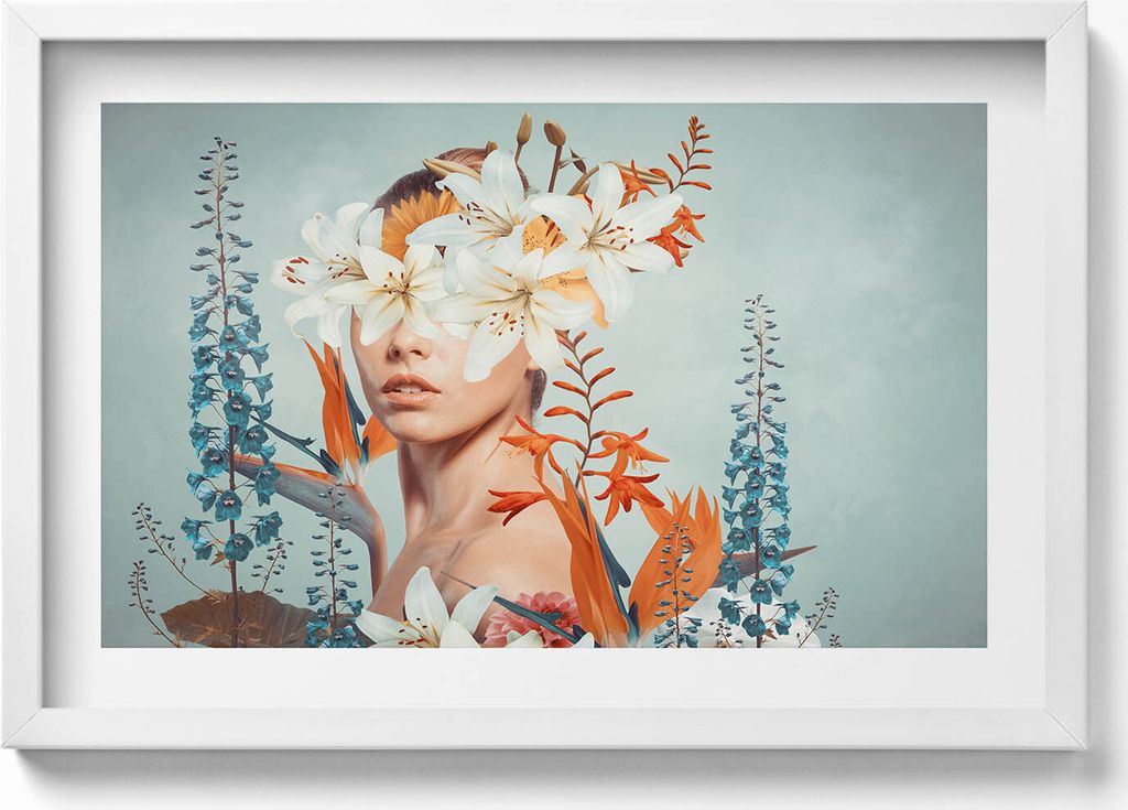 Abstrakte Frau mit Blumen– Wandbild mit Rahmen – Gerahmtes Bild – Wanddekoration – 60x40 cm – Schwarz Rahmen
