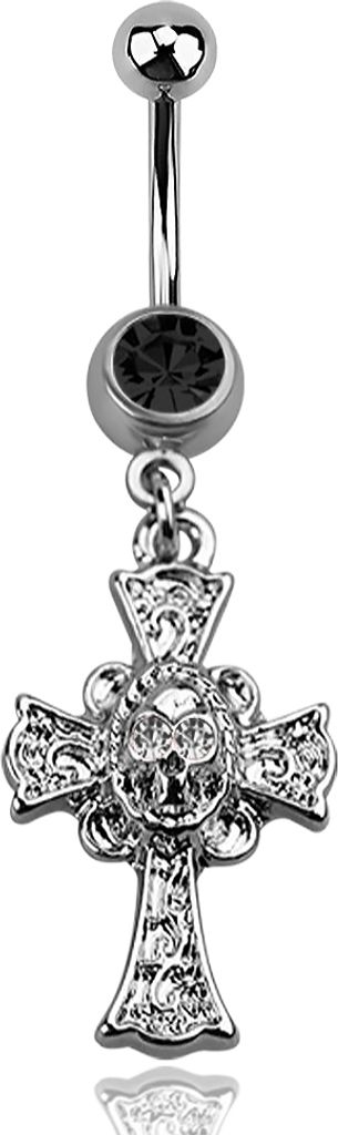 Bauchnabelpiercing Kreuz Totenkopf Skull Cross Zirkonia Edelstahl Bananabell schwarz/klar