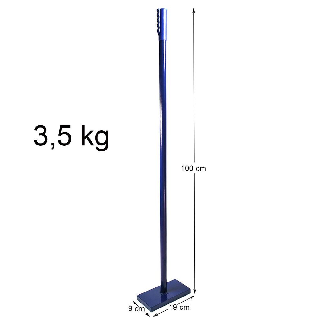 A blue concrete tamper with dimensions and weight indicated.