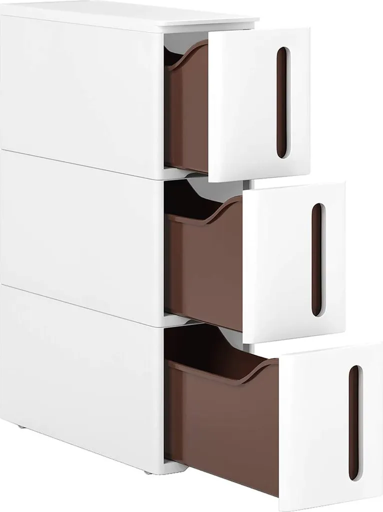 Étagère d'angle bicolore blanc-brun à roulettes pivotantes 360 degrés