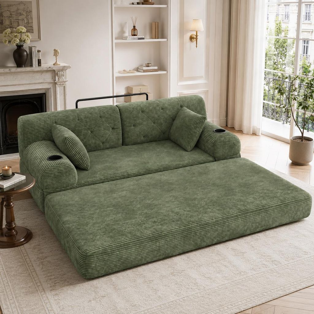 2-Sitzer Schlafsofa mit Schlaffunktion, komprimiertes Cord Sofa mit hoher Rückenlehne, stabiles Gästebett Couch mit 2 Getränkehaltern und 4 Seit...