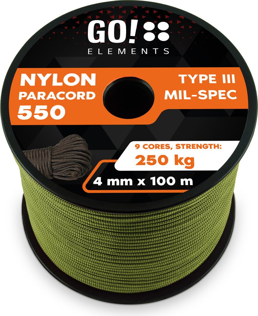 GO!elements 100m Paracord Seil aus reißfester Nylonschnur - 4mm Paracord 550 Typ III Schnur - geeignet als Allzweckseil & Reepschnur - Max. 250kg,...